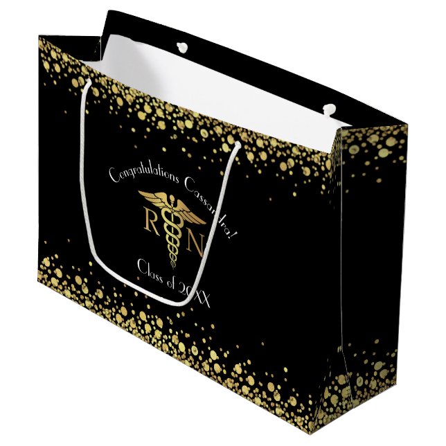 Nurse Nursing School Graduation Party Black Gold Large Gift Bag (Front Angled)