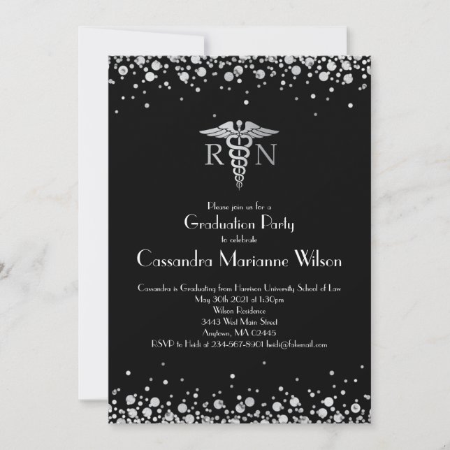 Nurse Nursing School Graduation Party Black Silver Invitation (Front)