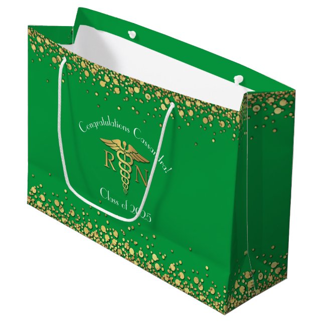 Nurse Nursing School Graduation Party Green Gold Large Gift Bag (Front Angled)