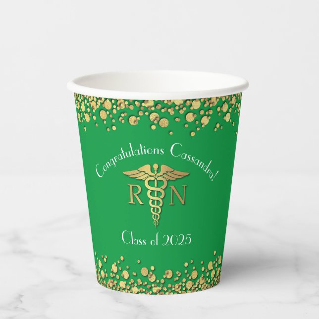 Nurse Nursing School Graduation Party Green Gold Paper Cups (Front)