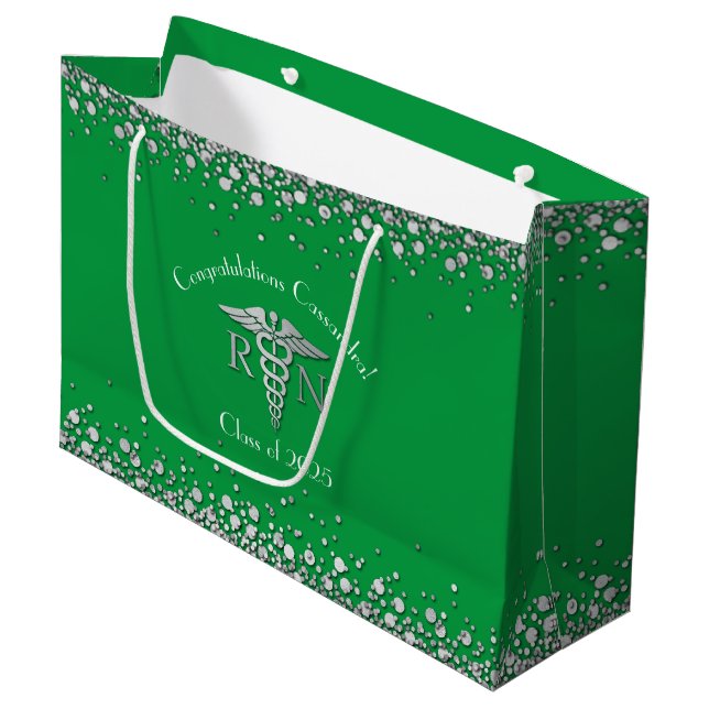 Nurse Nursing School Graduation Party Green Silver Large Gift Bag (Front Angled)