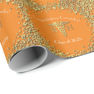 Nurse Nursing School Graduation Party Orange Gold Wrapping Paper
