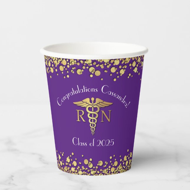 Nurse Nursing School Graduation Party Purple Gold Paper Cups (Front)