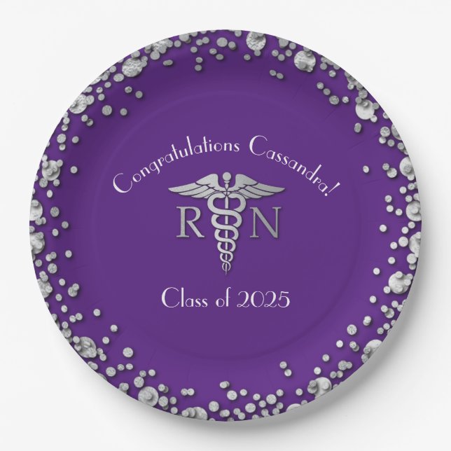Nurse Nursing School Graduation Purple Silver Paper Plate (Front)