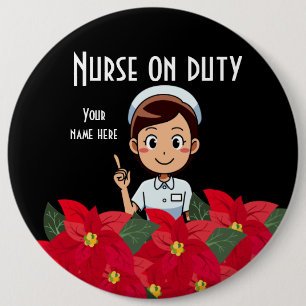 Nurse On Duty Ponsettia in Black Button