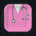 Nurse Party Paper Plate<br><div class="desc">Unique nursing graduation or appreciation party plates featuring pink hospital scrubs and a stethoscope illustration.</div>