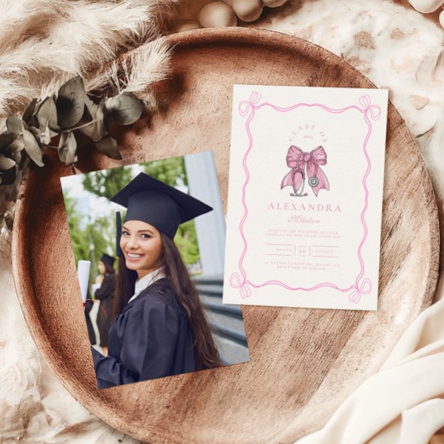 Nurse Photo Coquette Pink Bow Elegant Graduation Invitation (Creator Uploaded)