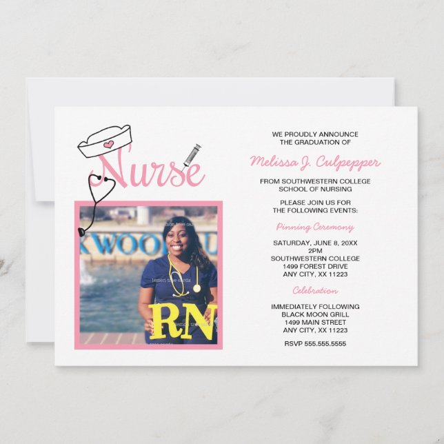 Nurse photo graduation pinning celebration / pink invitation (Front)