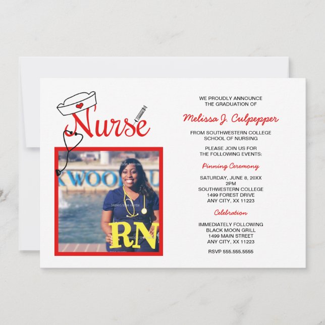Nurse photo graduation pinning celebration / red invitation (Front)