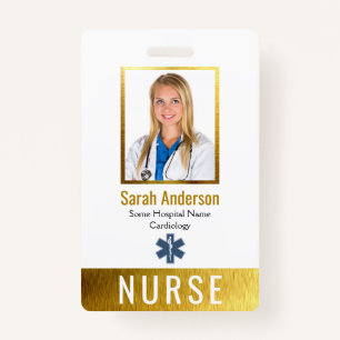 Nurse Photo Logo Barcode Faux Gold Elegant Classic ID Badge