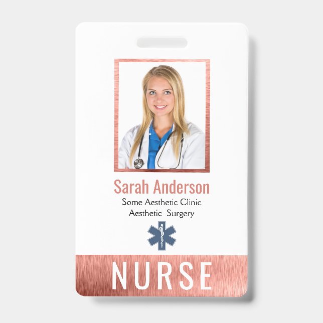 Nurse Photo Logo Barcode Rose Gold Pink Classic ID Badge (Front)