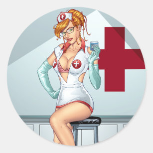 Nurse Pin-up Art Red Head Art by Al Rio Classic Round Sticker