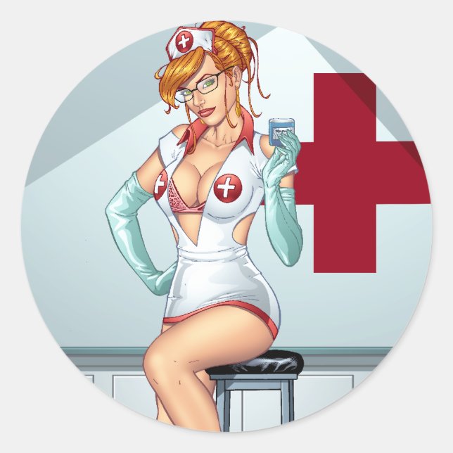 Nurse Pin-up Art Red Head Art by Al Rio Classic Round Sticker (Front)