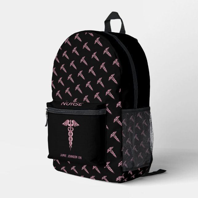 Nurse - Pink and Black Printed Backpack (Back Corner Right)