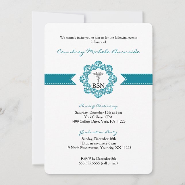 Nurse pinning or graduation party RN BSN teal Invitation (Front)