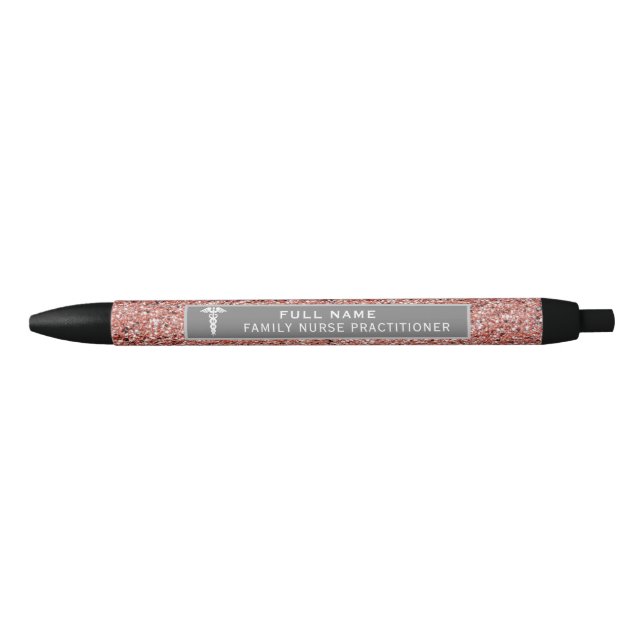 Nurse Practitioner Caduceus Rose Gold Pink Glitter Black Ink Pen (Front)