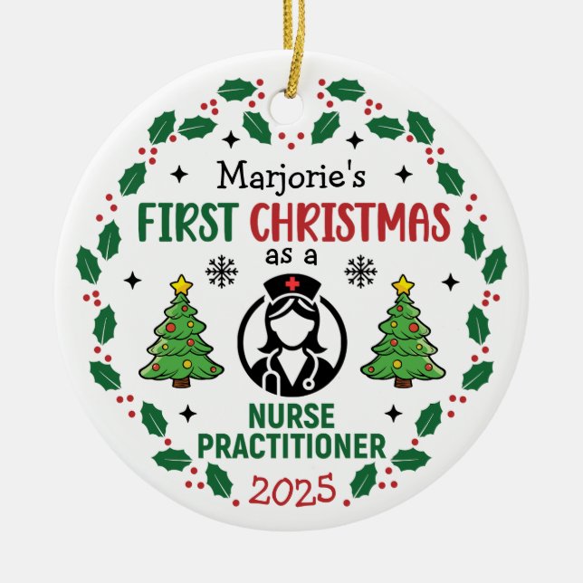 Nurse Practitioner First Christmas Personalised Ceramic Ornament (Front)