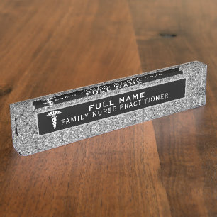 Nurse Practitioner Medical Black Silver Glitter Nameplate