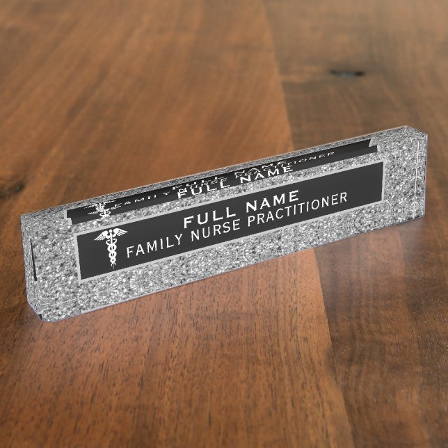 Nurse Practitioner Medical Black Silver Glitter Nameplate (Side)