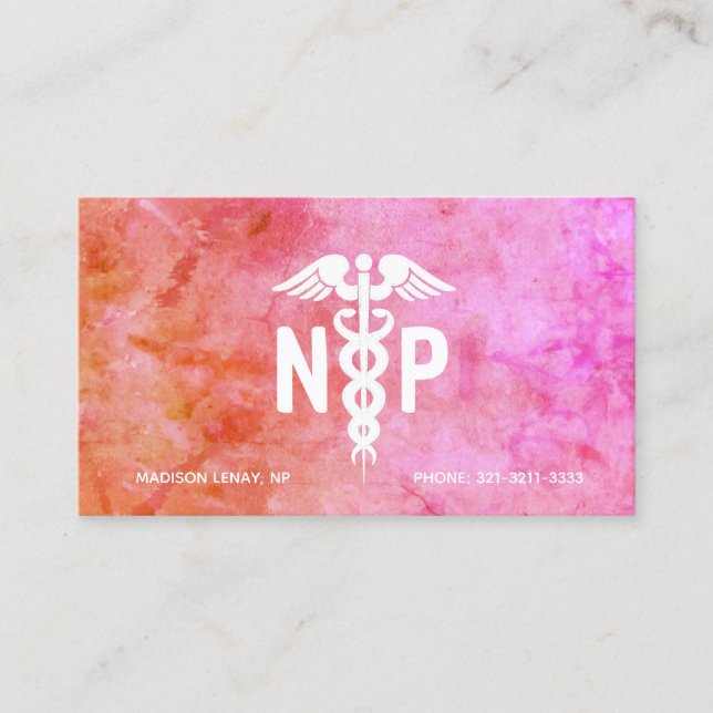 Nurse Practitioner Pink Orange Watercolor Business Card (Front)