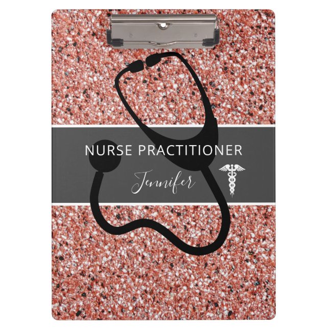 Nurse Practitioner Rose Gold Glitter Personalised Clipboard (Front)
