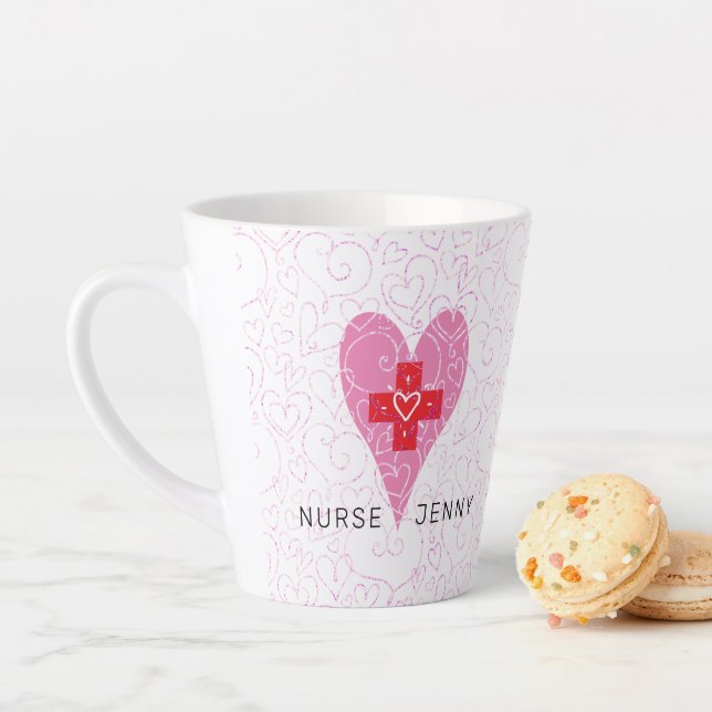Nurse Red Pink Heart Personalised Latte Mug (In Situ)