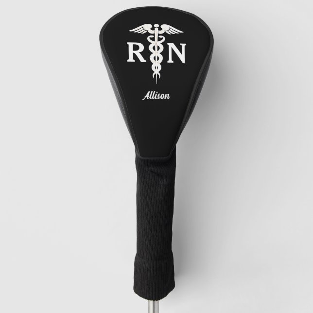 Nurse RN Black White Medical Caduceus Personalised Golf Head Cover (Front)
