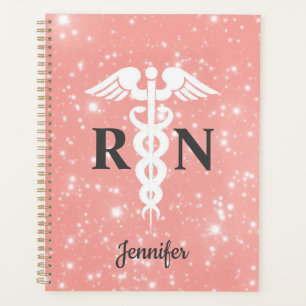 Nurse RN Caduceus Blush Pink Personalised Name  Planner
