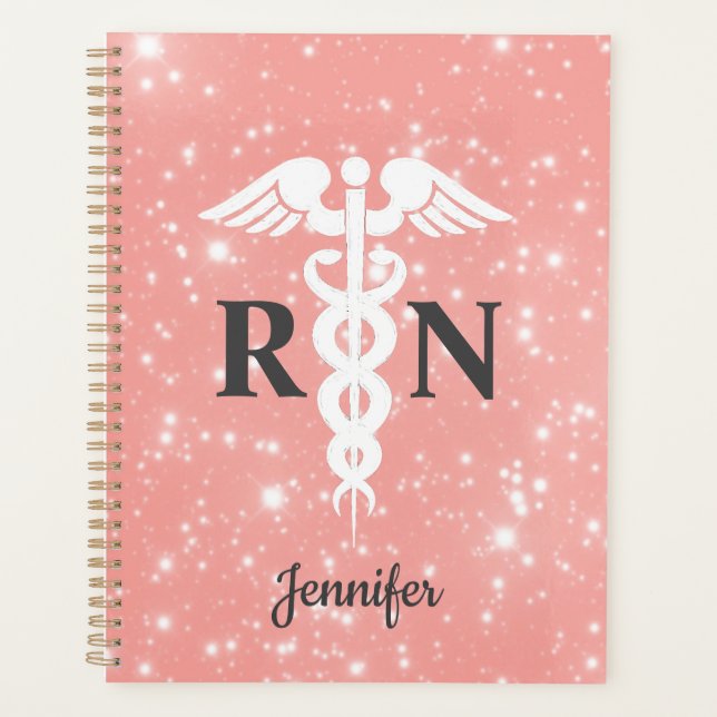 Nurse RN Caduceus Blush Pink Personalised Name  Planner (Front)