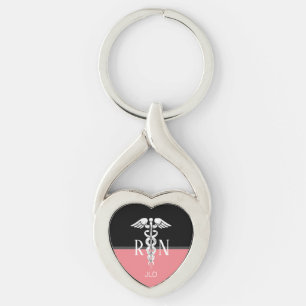 Nurse RN Caduceus Medical Silver Monogram Coral Key Ring