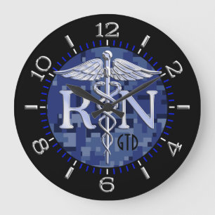 Nurse RN Caduceus Monogram Dial Style on Blue Camo Large Clock