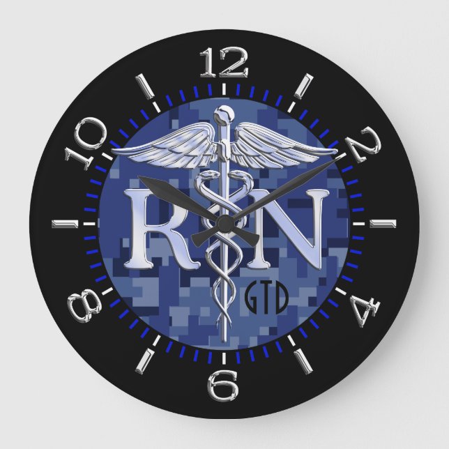 Nurse RN Caduceus Monogram Dial Style on Blue Camo Large Clock (Front)