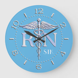 Nurse RN Caduceus Monogram Dial Style on Blue Large Clock