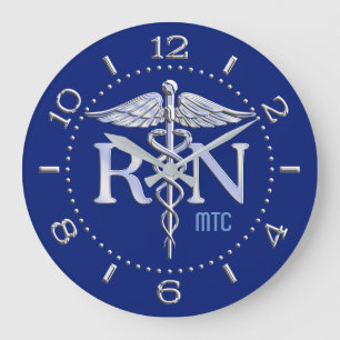 Nurse RN Caduceus Monogram Dial Style on Blue Large Clock