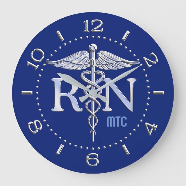 Nurse RN Caduceus Monogram Dial Style on Blue Large Clock (Front)