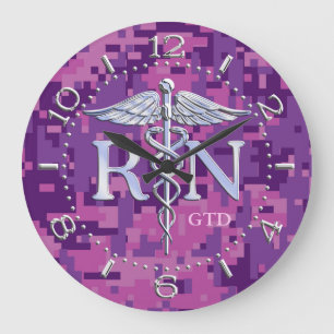 Nurse RN Caduceus Monogram Dial Style on Pink Camo Large Clock