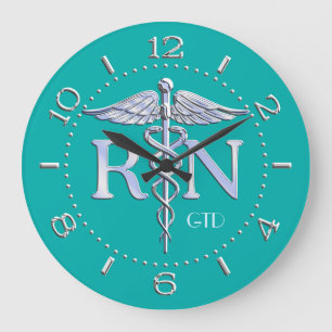 Nurse RN Caduceus Monogram Dial Style on Turquoise Large Clock
