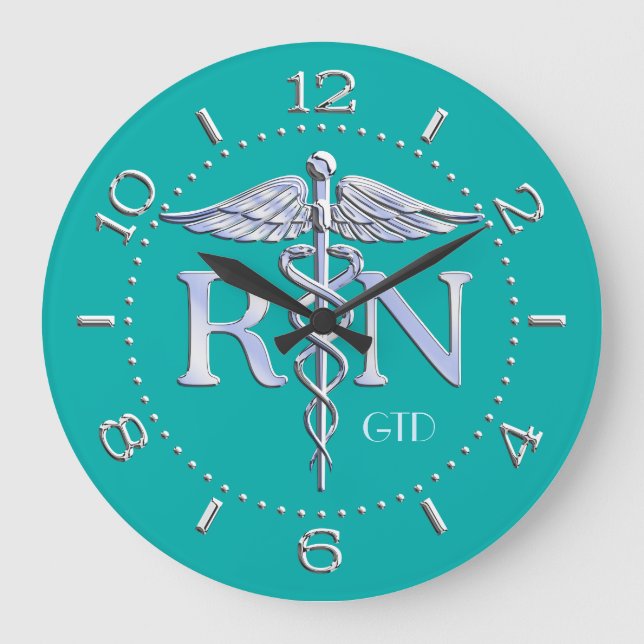 Nurse RN Caduceus Monogram Dial Style on Turquoise Large Clock (Front)