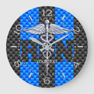 Nurse RN Caduceus Personalised Style Blue Carbon Large Clock