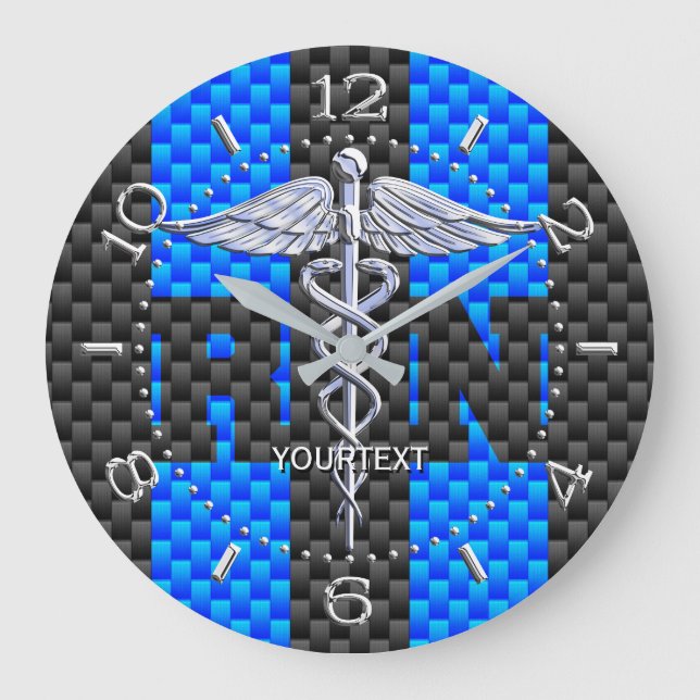 Nurse RN Caduceus Personalised Style Blue Carbon Large Clock (Front)