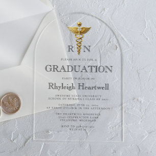 Nurse RN Gold Caduceus Arch Graduation Party Acrylic Invitations