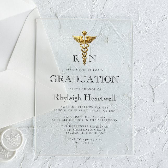 Nurse RN Gold Caduceus Graduation Party Acrylic Invitations (Creator Uploaded)