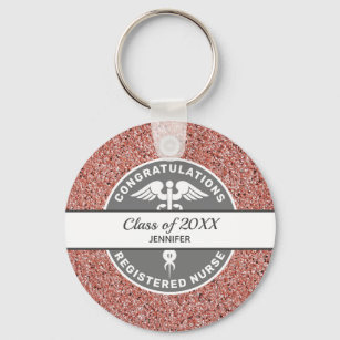 Nurse RN Graduate Year Pink Glitter Personalised Key Ring