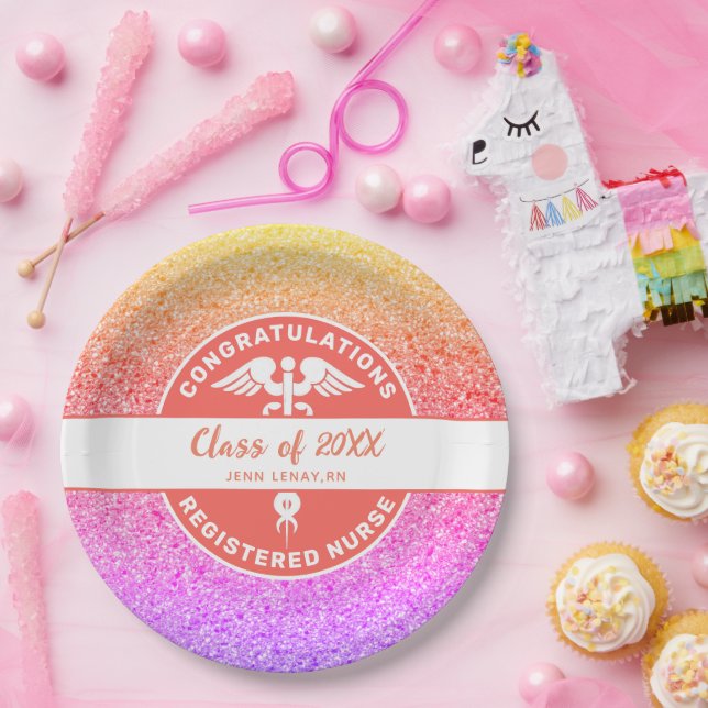 Nurse RN Graduation Party Rainbow Glitter Monogram Paper Plate (Party)