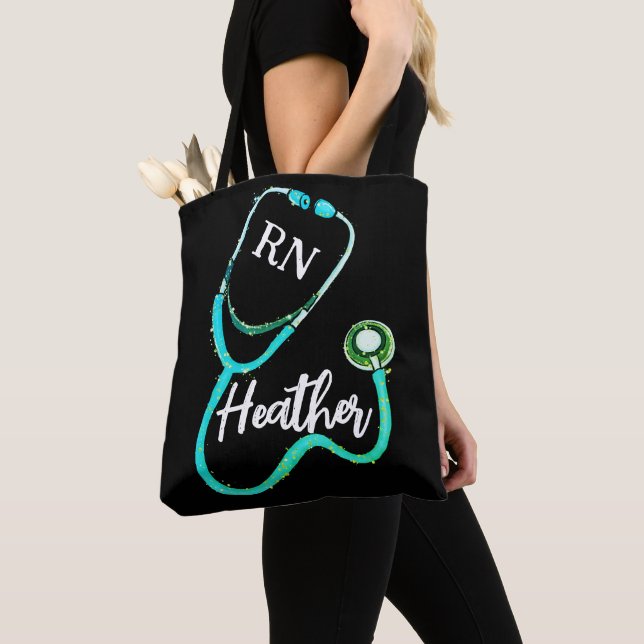Nurse RN Green Teal Stethoscope Black Minimalist  Tote Bag (Close Up)