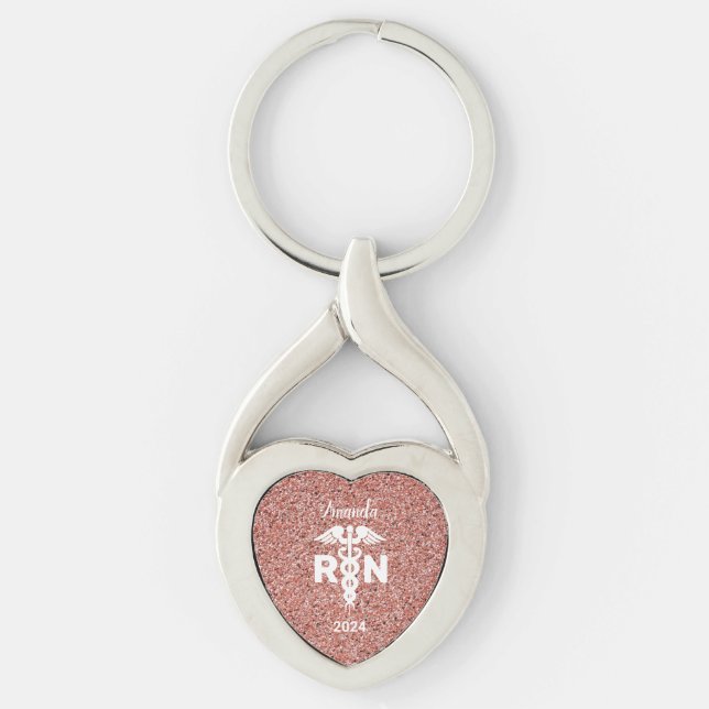 Nurse RN Rose Gold Glitter Personalised Year Key Ring (Front)