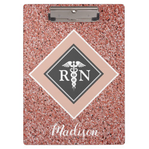 Nurse RN Rose Gold Glitter Script Personalised Clipboard