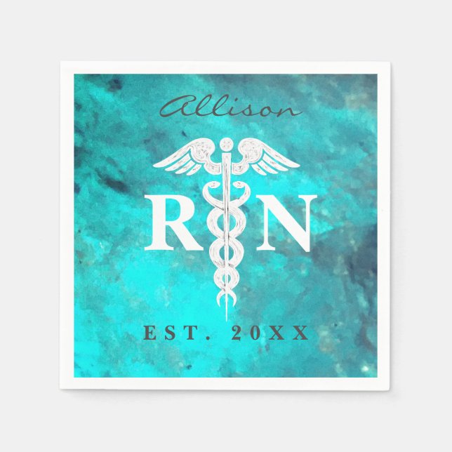Nurse RN Turquoise Medical Caduceus Graduation Napkin (Front)