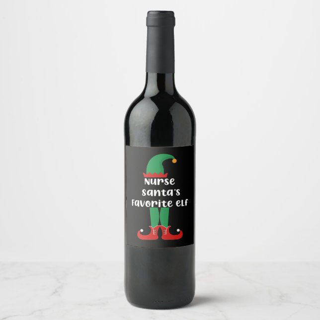 Nurse Santa's Favourite Elf Funny Nurse Christmas Wine Label (Front)