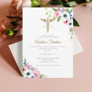 Nurse School Graduation Caduceum Floral Modern Invitation